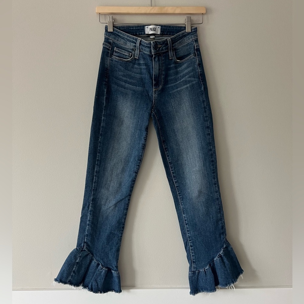 PAIGE Flora Frayed Ruffle Hem Cropped Jeans in Barkley, Size 24